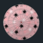 Atomic Pink Starbursts Dartboard<br><div class="desc">This Atomic Pink Starbursts Dartboard has all of the mid century modern fun of your grandma’s kitchen, minus the sticky linoleum. The kitschy design features a pink background with gold speckles and randomly placed starbursts in black and two shades of pink. This vintage inspired pattern is mod enough to be...</div>