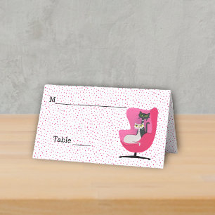 Atomic Pretty Cats in Pink Chair Polka Dots White Place Card