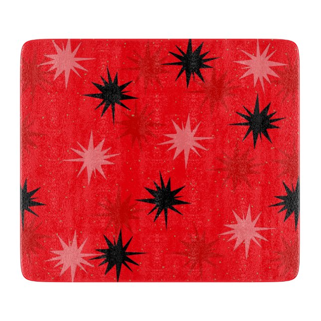 Atomic Red Starbursts Glass Cutting Board (Front)