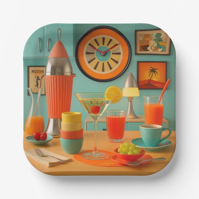 Atomic Retro Futuristic Martini Breakfast Bar Paper Plate (Front)