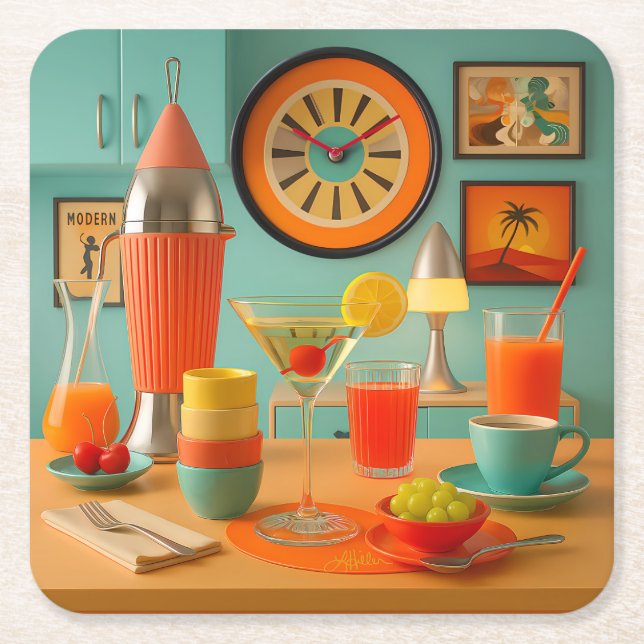 Atomic Retro Futuristic Martini Breakfast Bar Square Paper Coaster (Front)
