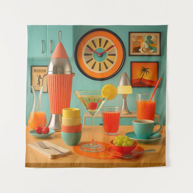 Atomic Retro Futuristic Martini Breakfast Bar Tapestry (Front)