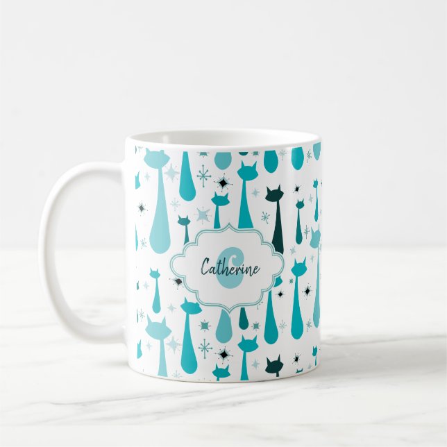 Atomic Retro Kitty Silhouette in Teal Coffee Mug (Left)