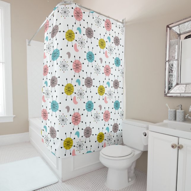 Atomic Retro Starburst Pattern Shower Curtain (In Situ)