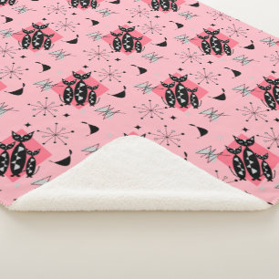 Atomic Star Burst Modern Mid Century Cats Sherpa Blanket