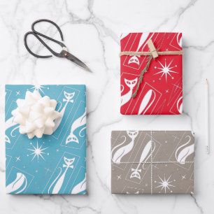 Atomic Star Cat MidCentury Modern Christmas MCM Wrapping Paper Sheet