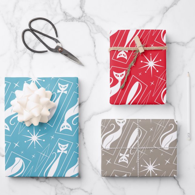 Atomic Star Cat MidCentury Modern Christmas MCM  Wrapping Paper Sheet (Front)