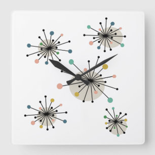 Atomic Starburst Mid Century Modern Colourful Square Wall Clock