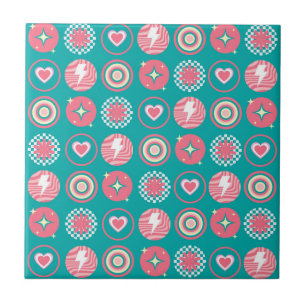 Atomic Starburst Sparkle Heart Retro Blue Pattern Ceramic Tile