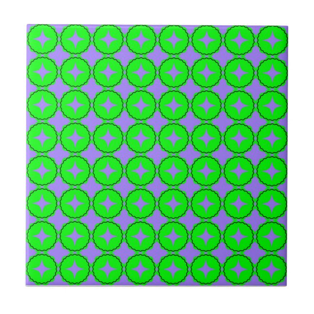 Atomic Starburst Sparkle Retro Neon Green Pattern Ceramic Tile (Front)