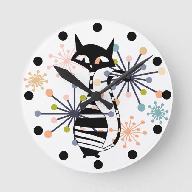 Atomic Starburst with Mid Century Stylised Cat Round Clock (Front)