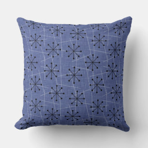 Atomic Starbursts on Blue Mid-Century Modern Cushion