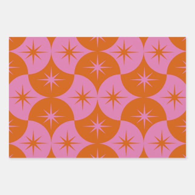  Atomic Starbursts on Pink Orange Scallop Shapes Wrapping Paper Sheet (Front)