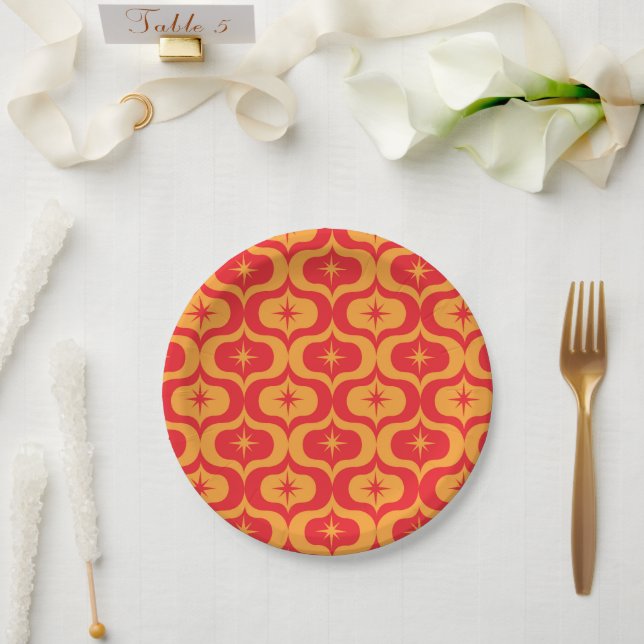 Atomic Starbursts on Red and Orange Ogee Pattern  Paper Plate (Wedding)