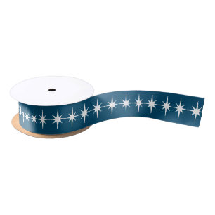 Atomic Stars in White on Sea Blue Satin Ribbon