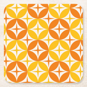 Atomic Stars on Mid Century Orange Circles Square Paper Coaster