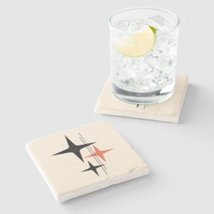 Atomic Stars Retro Midcentury Black Orange Cream Stone Coaster