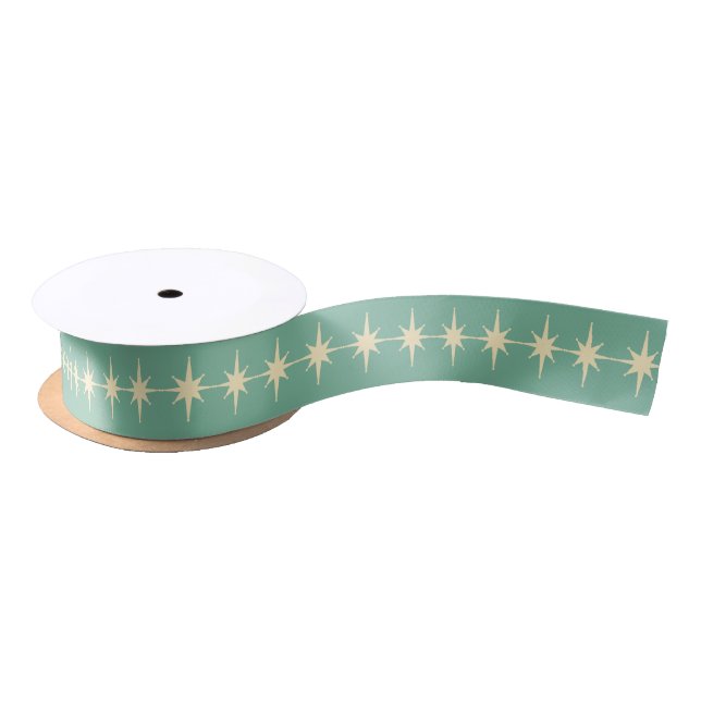 Atomic Stars Teal Mint and Cream Satin Ribbon (Spool)