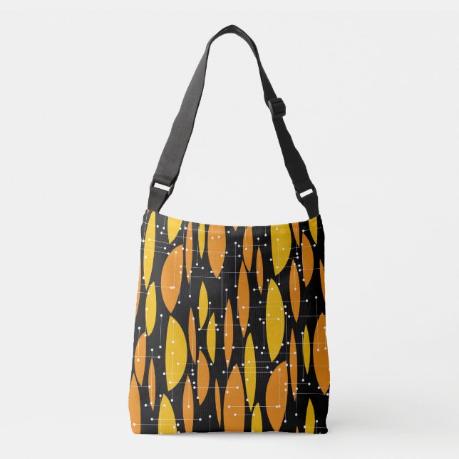 Atomic style, black orange geometric pattern. crossbody bag (Front)