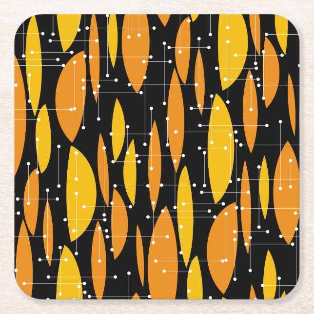 Atomic style, black orange geometric pattern. square paper coaster (Front)