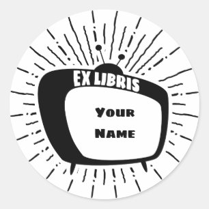 Atomic Style TV Ex Libris Bookplate (black) Classic Round Sticker