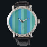 Atomic Teal & Turquoise Stripes Leather Watch<br><div class="desc">This Atomic Teal and Turquoise Stripes Leather Watch pattern is styled after classic, mid century modern, upholstery fabric, with simulated nubby texture. The retro wide and thin stripes alternate in shades of teal, turquoise, and vibrant, sky blue. The tranquil colours might remind you of a day at the beach, but...</div>