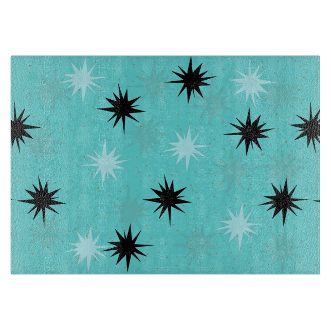 Atomic Turquoise Starbursts Glass Cutting Board (Front)