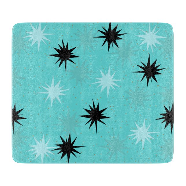 Atomic Turquoise Starbursts Glass Cutting Board (Front)