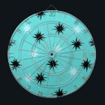 Atomic Turquoise Starbursts Metal Dart Board<br><div class="desc">This Atomic Turquoise Starbursts Metal Cage Dart Board has all of the mid century modern fun of your grandma’s kitchen, minus the sticky linoleum. The kitschy design features a green background with gold speckles and randomly placed starbursts in black, and shades of aqua and turquoise. This vintage inspired pattern is...</div>
