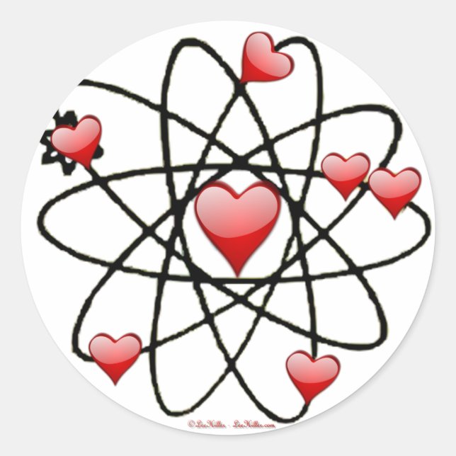 Atomic Valentine Red Hearts Classic Round Sticker (Front)