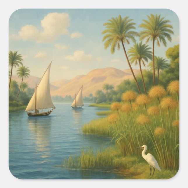 ATranquil Nile River Palm Trees Landscape Square Sticker (Front)