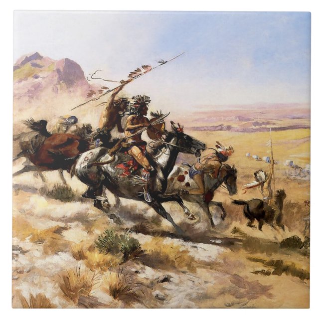 “Attack on a Wagon Train” by Charles M Russell Ceramic Tile (Front)