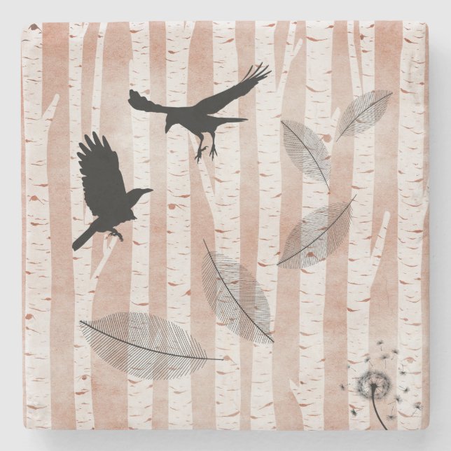 Attempted Murder of Crows in White Birch Forest  Stone Coaster (Front)