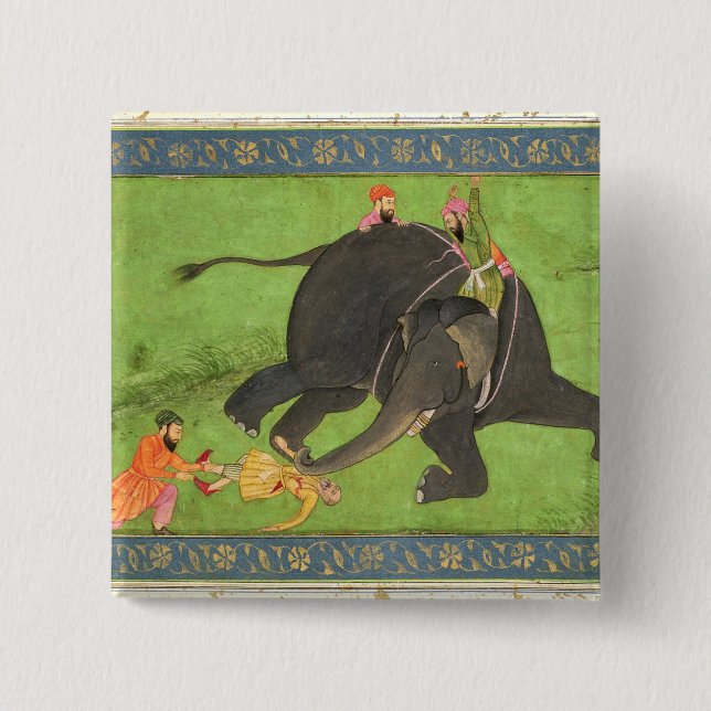 Attendants rescue a fallen man from an enraged ele 15 cm square badge (Front)