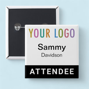 Attendee Name Badge with Logo Black Pinback Square