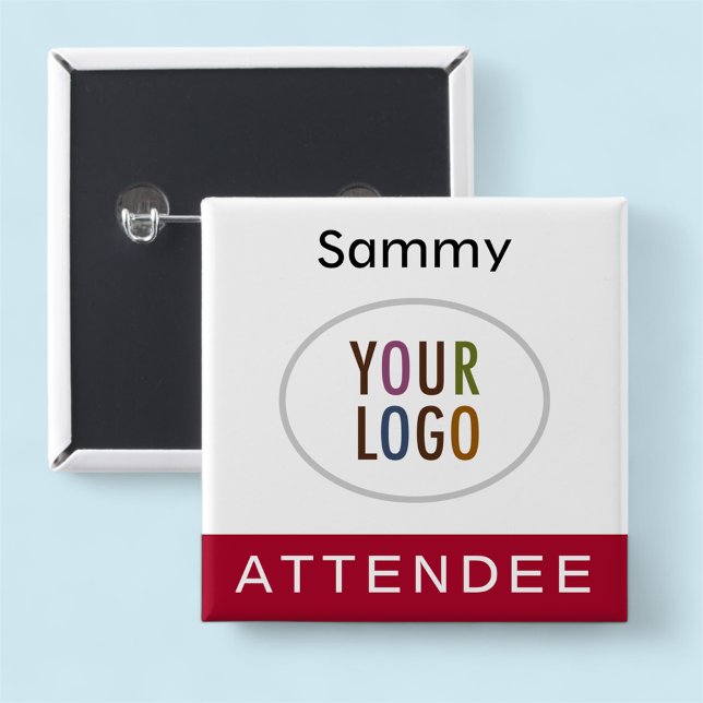Attendee Name Badge with Logo Dark Red Square (MISOOK Attendee Dark Red Name Button with Logo)