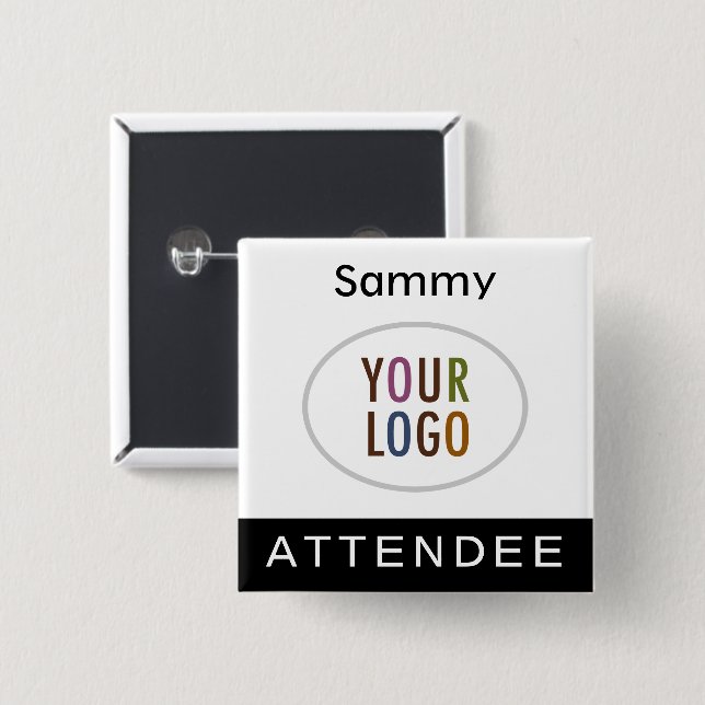 Attendee Pin Back Name Badge Square Logo Button (Front & Back)