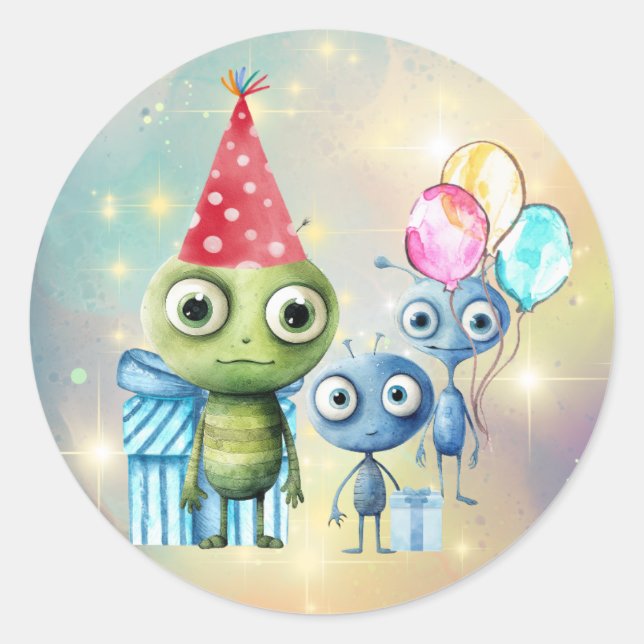 Attention Intergalactic Birthday Round Stickers (Front)