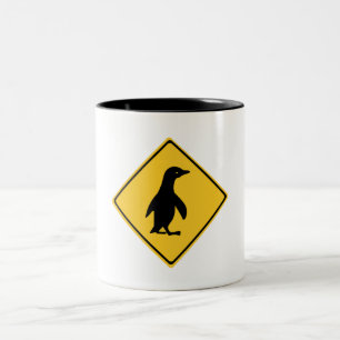 Attention Penguins, Traffic Sign, New Zealand Two-Tone Coffee Mug