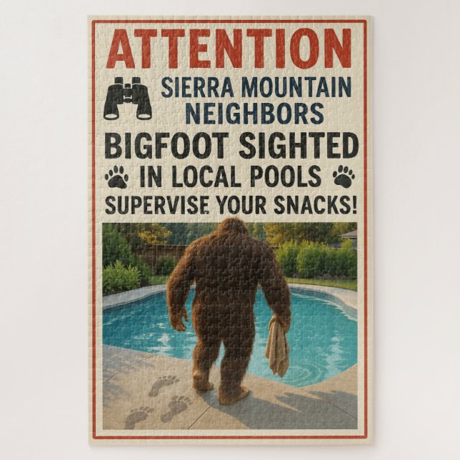 Attention Sierra Mountain Neighbors – Bigfoot Pool Jigsaw Puzzle (Vertical)