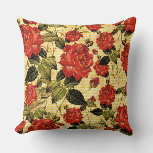 Attic Treasures - Red Roses on Yellow Stripes Cushion