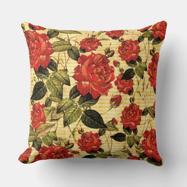 Attic Treasures - Red Roses on Yellow Stripes Cushion (Front)