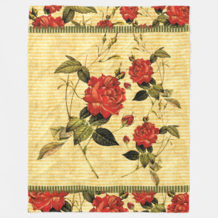 Attic Treasures - Red Roses on Yellow Stripes Fleece Blanket