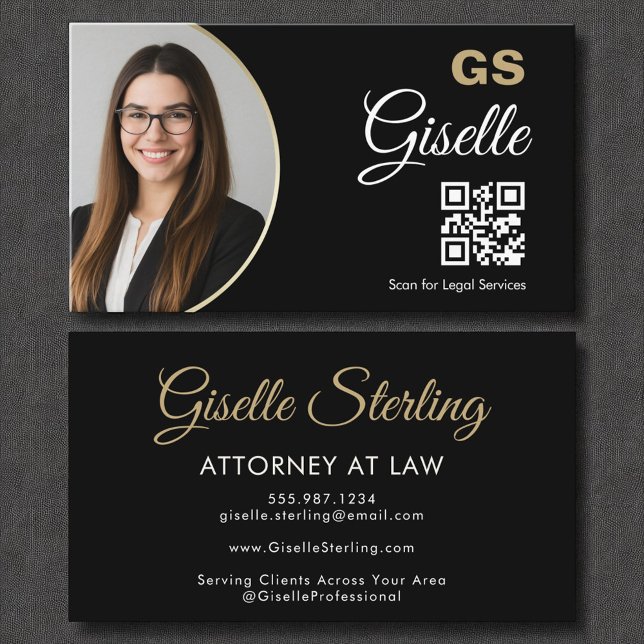 Attorney at Law Black Gold Photo QR Code  Business Card (Creator Uploaded)