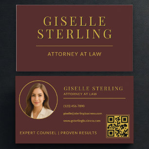 Attorney at Law Burgundy Gold Photo QR Code Business Card