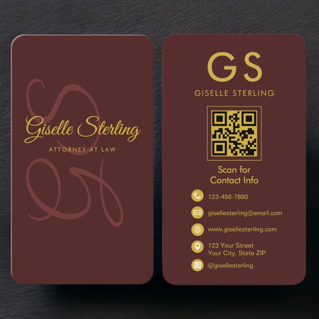 Attorney at Law Burgundy Gold QR Code Business Card (Creator Uploaded)