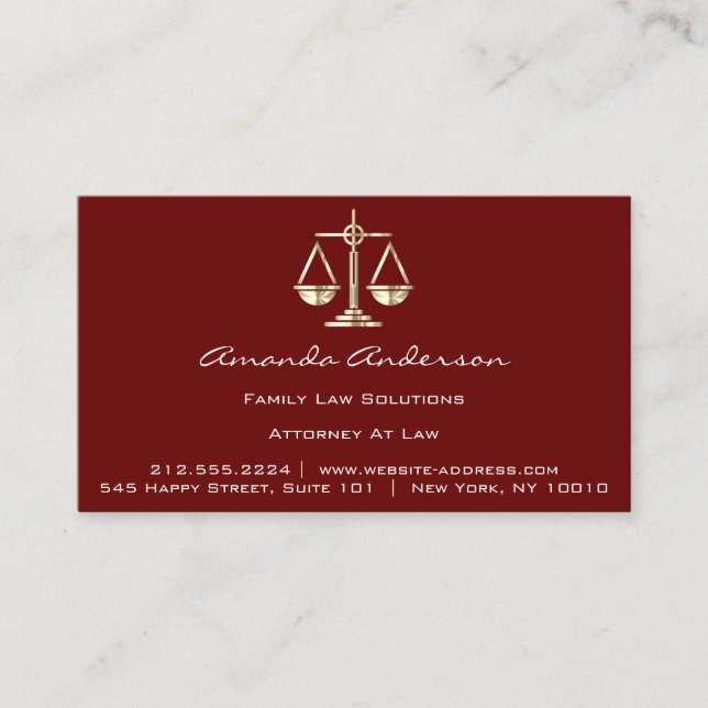 Attorney at Law Burgundy Gold Scale Lawyer Custom Business Card (Front)
