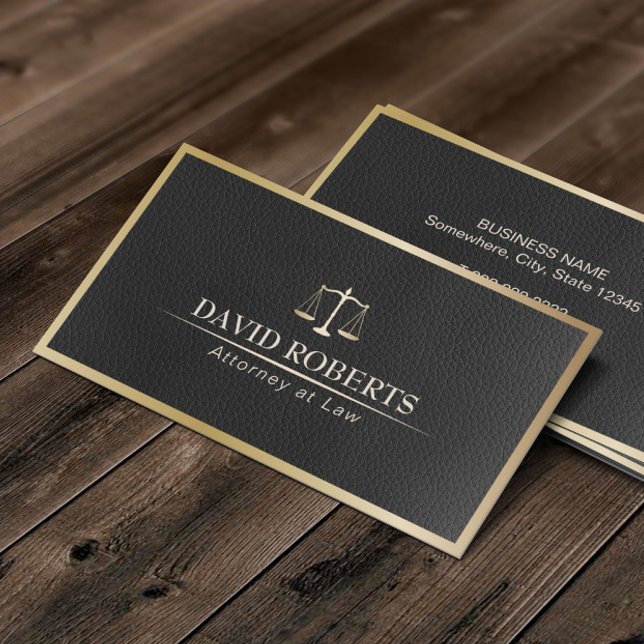 Attorney at Law Gold Framed Black Leather Lawyer Business Card (Creator Uploaded)