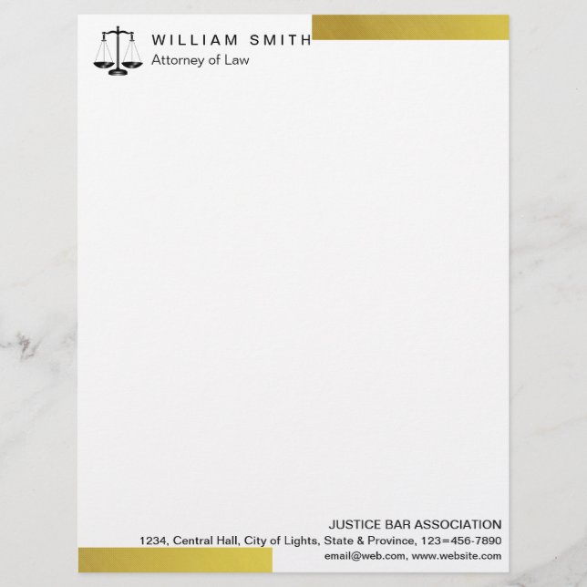Attorney At Law Gold Metal Legal Scale Lawyer Custom Letterhead (Front)