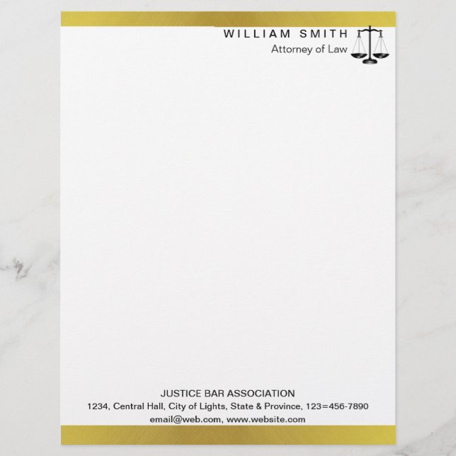 Attorney At Law Gold Metal Legal Scale Lawyer Custom Letterhead (Front)